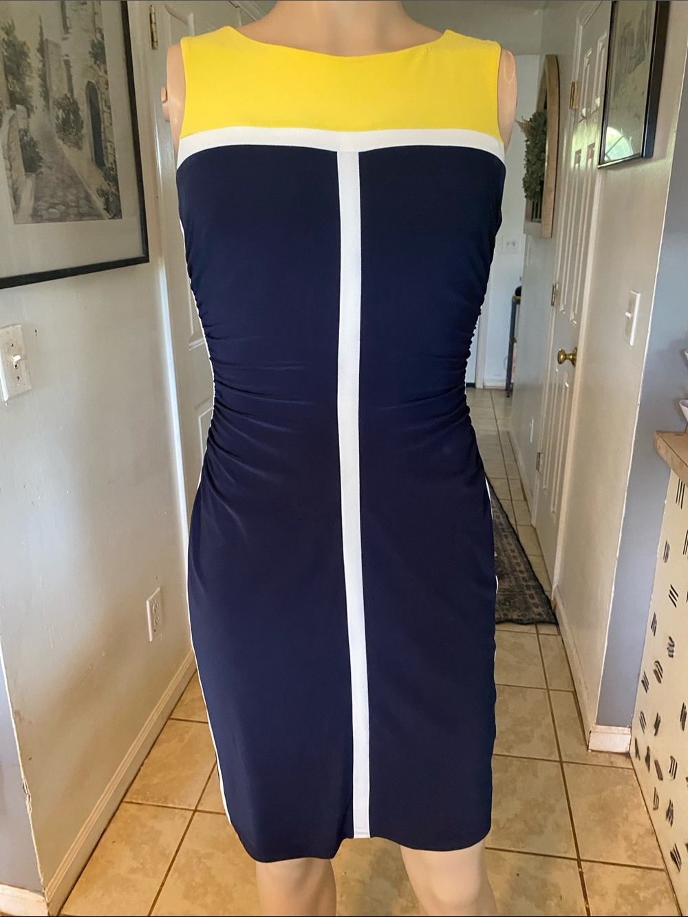 Ralph Lauren Navy Sheath Dress with Yellow Yoke and White Trim